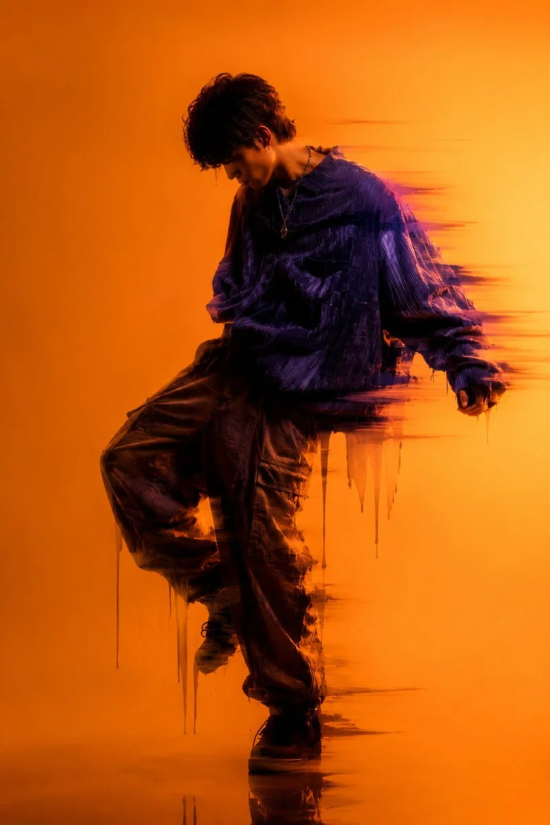 Young man in emerald shirt poses with digital glitch streaks.