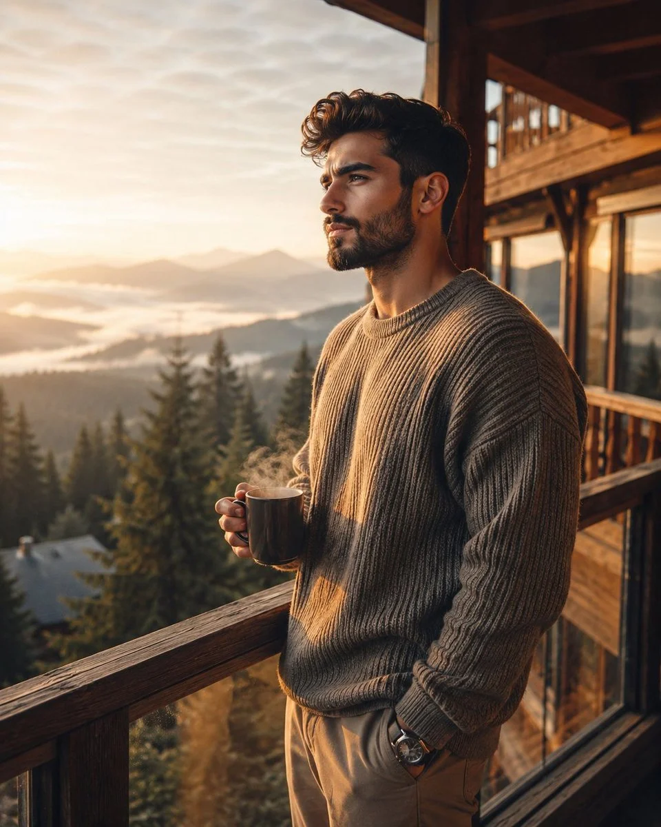 Young man in knit sweater enjoys sunrise coffee on balcony