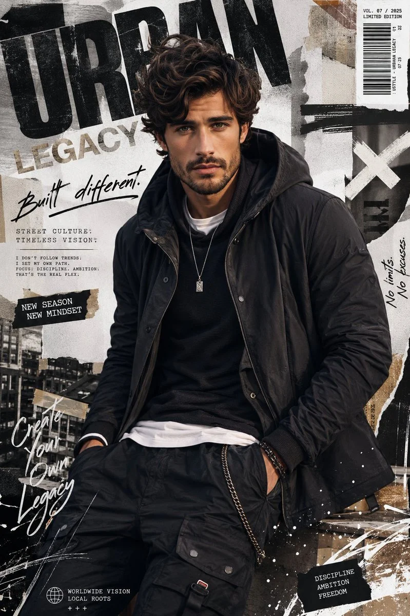 Young man in luxury streetwear poses with confident charisma