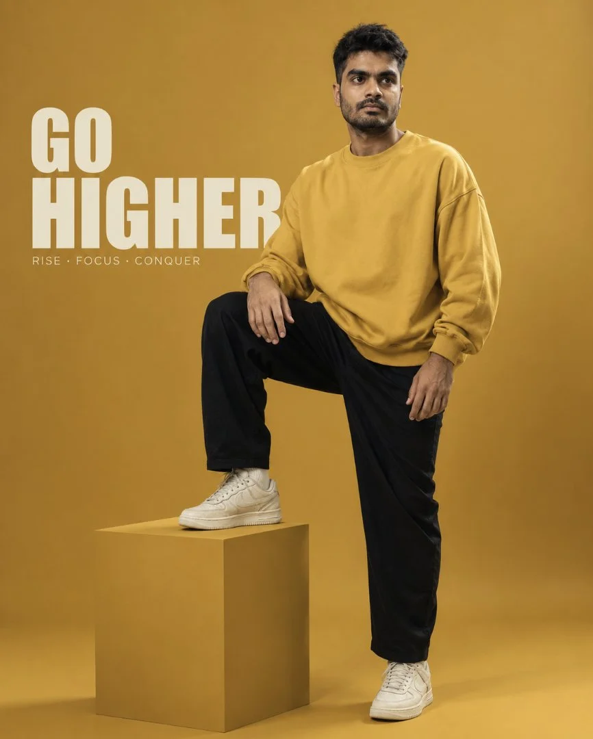 Young man in mustard sweatshirt stands on cube with GO HIGHER text
