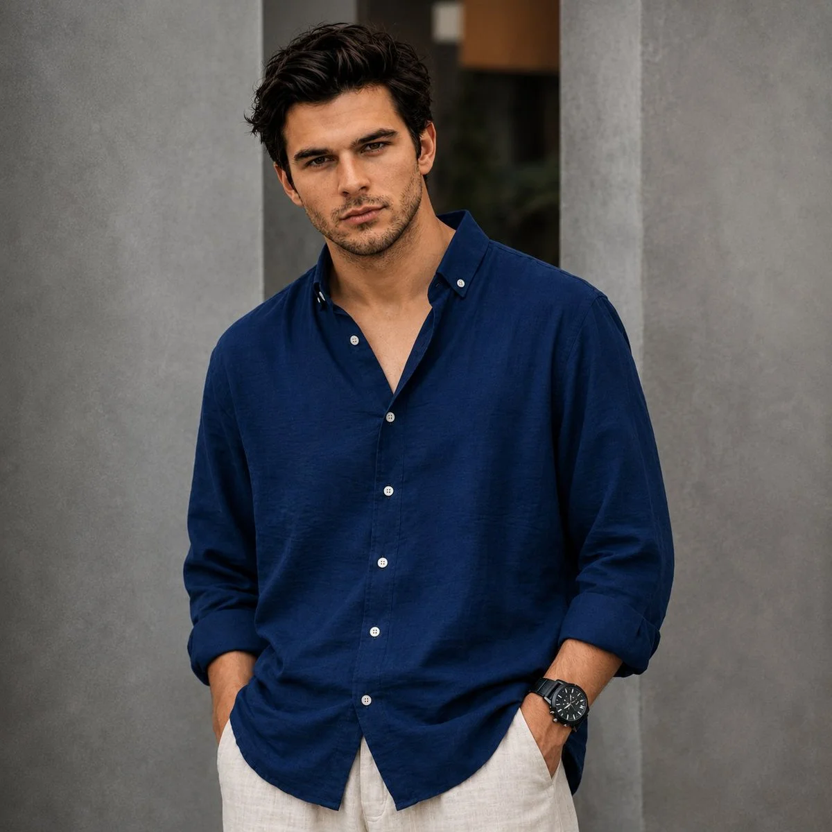 Young man in navy linen shirt stands between concrete columns