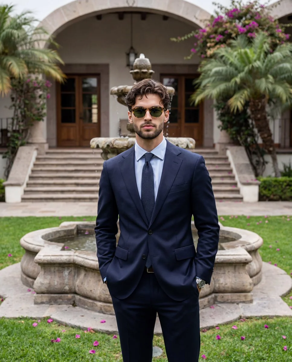 Young man in navy suit poses by weathered stone fountain
