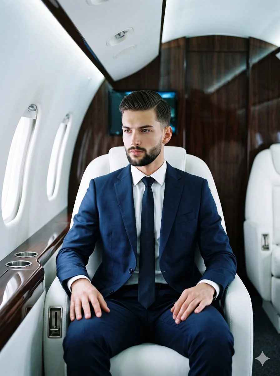 Young man in navy suit sits thoughtfully inside private jet