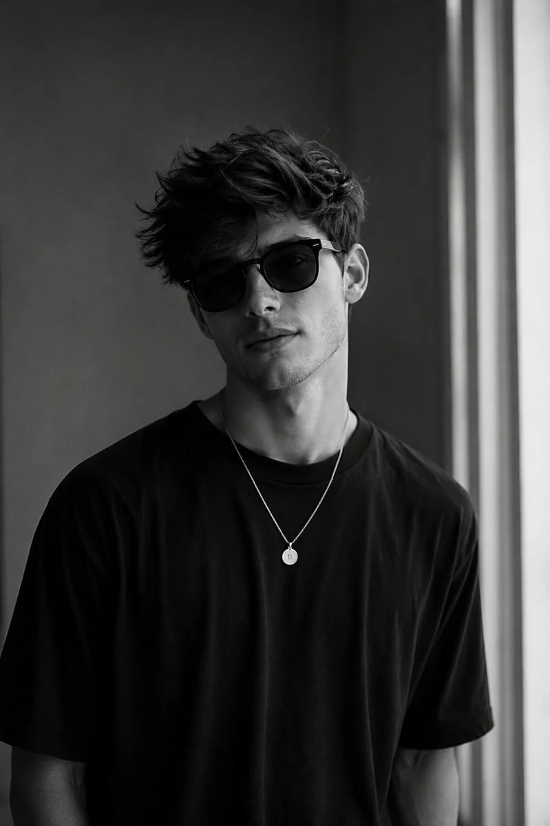 Young man in oversized black sunglasses by window in monochrome
