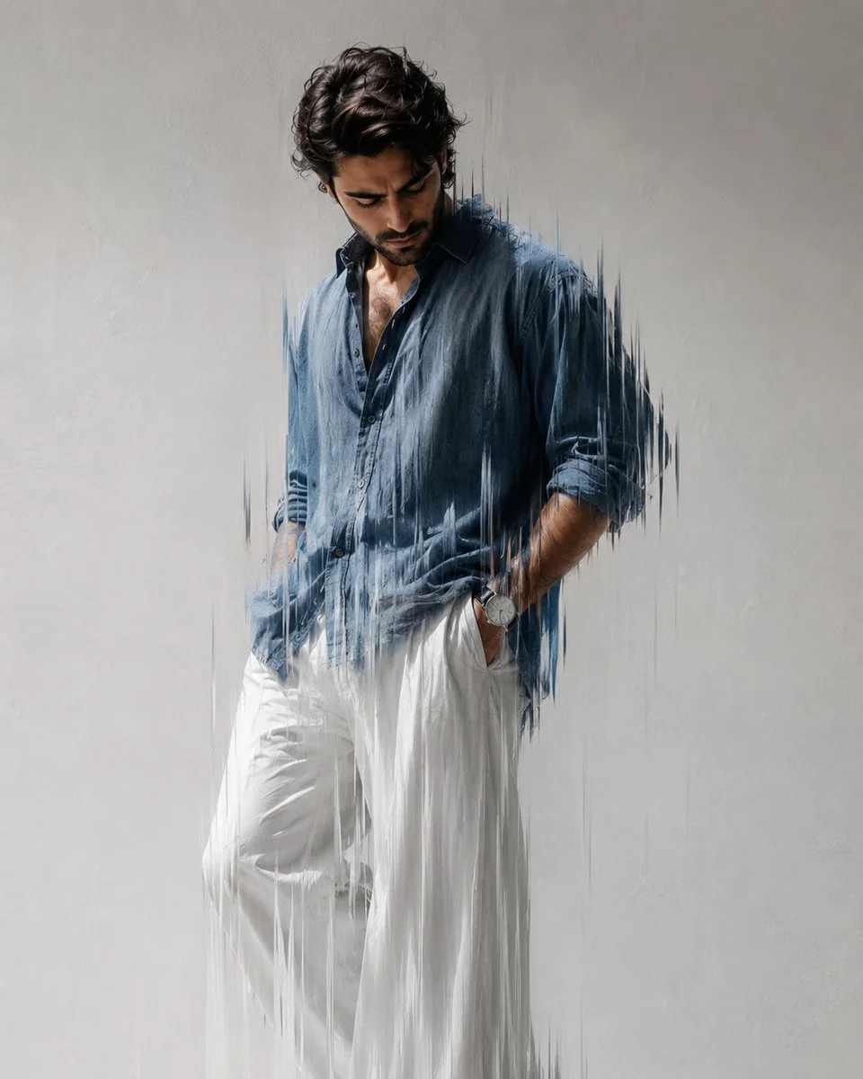 Young man in oversized blue shirt stands in dramatic light