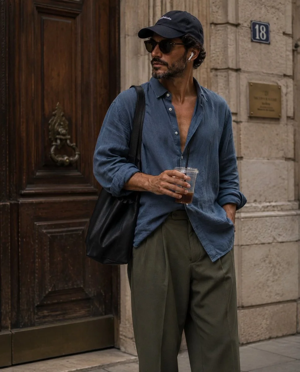 Young man in oversized linen shirt poses near vintage European doorway