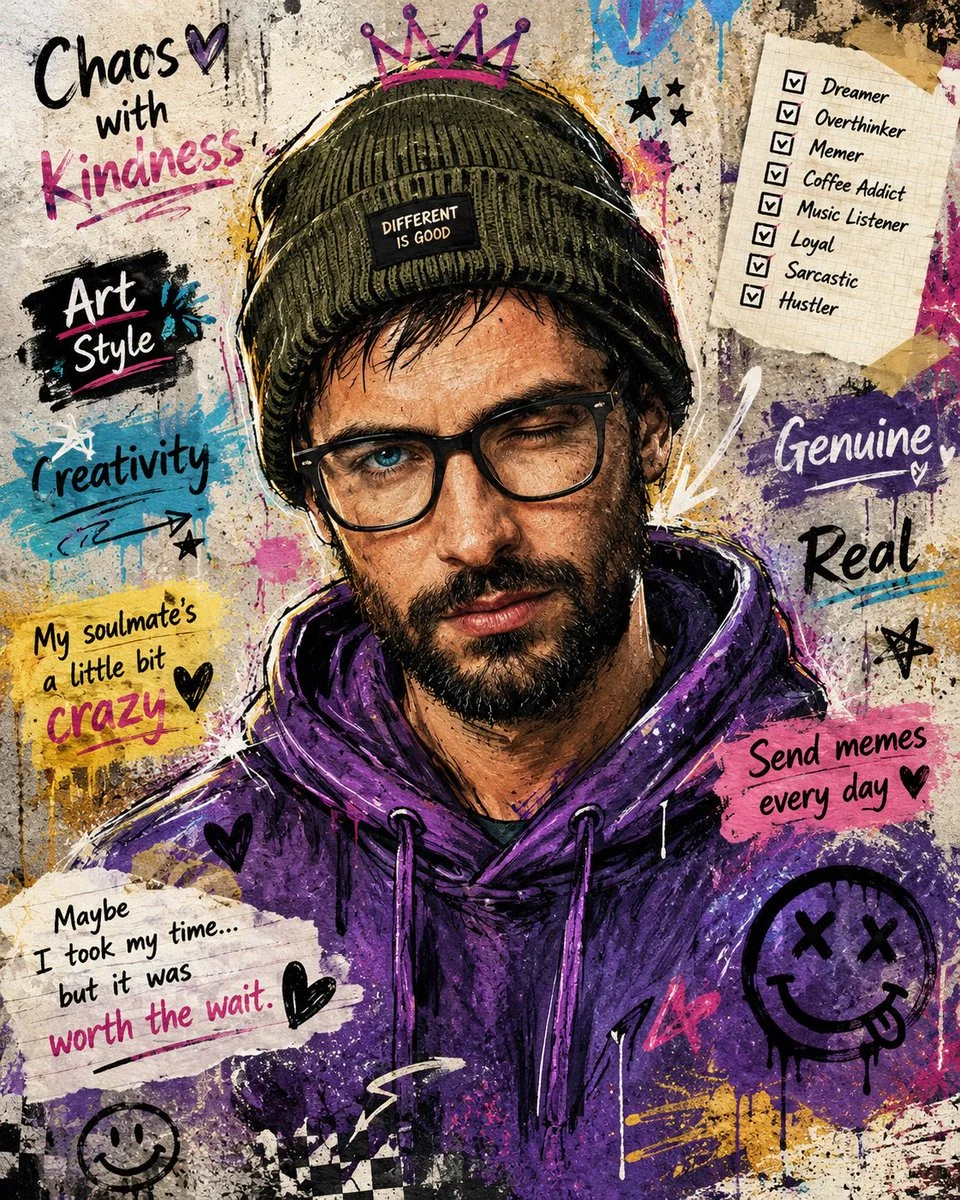 Young man in purple hoodie winks playfully amid colorful graffiti