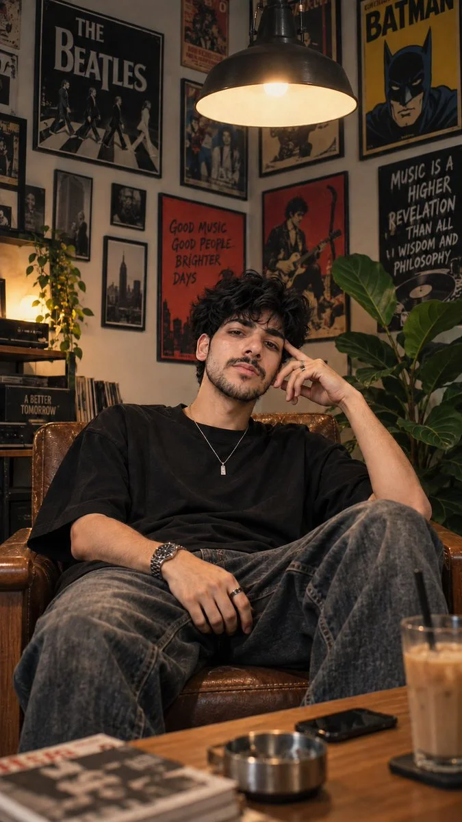 Young man in vintage armchair with music posters and iced coffee