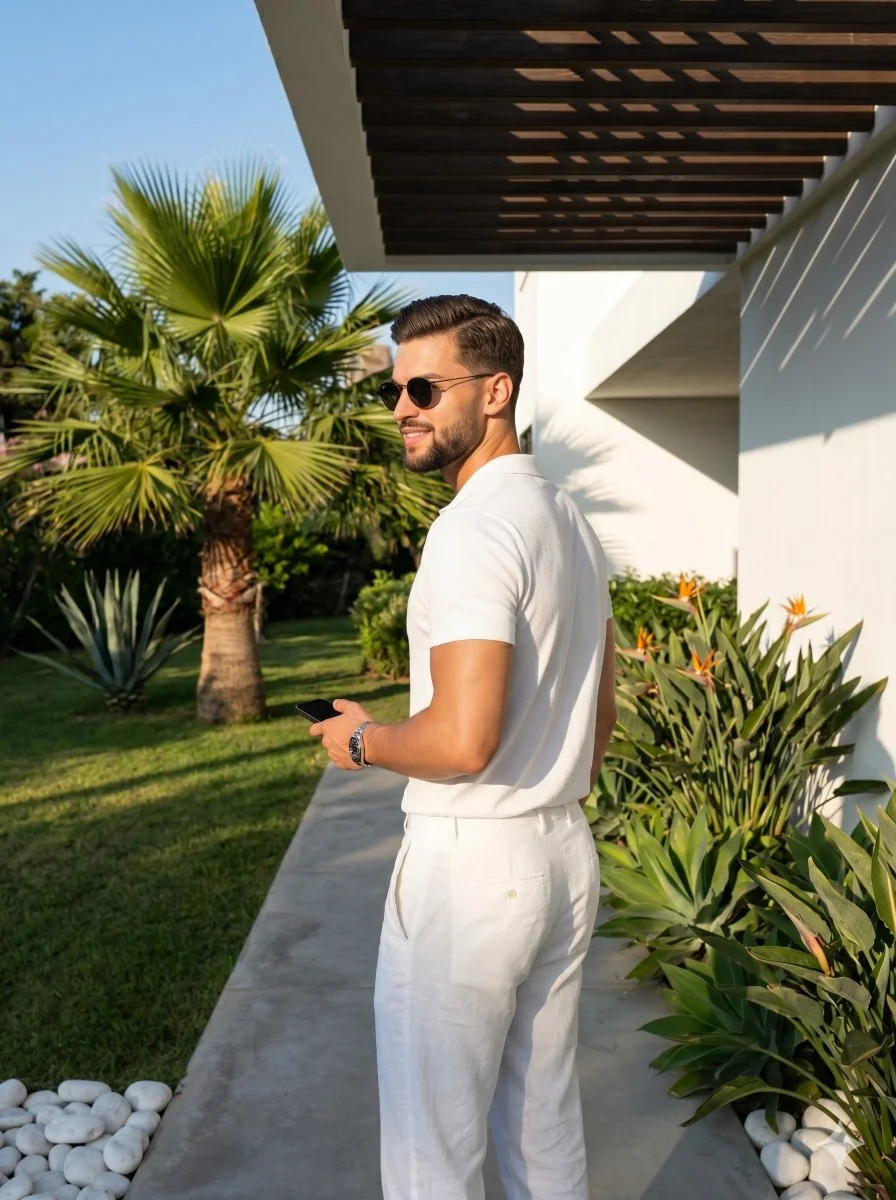 Young man in white turns to smile in tropical garden