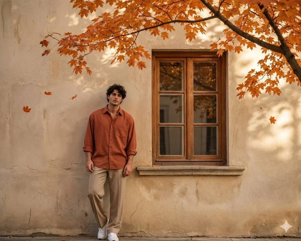 Young man leans against aged wall in warm autumn sunlight