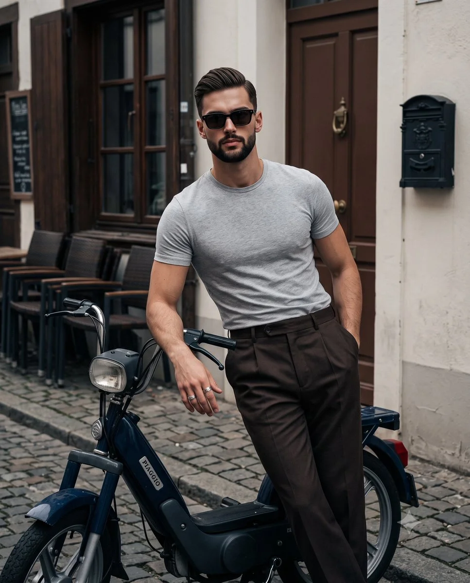 Young man leans on vintage moped in moody cobblestone alley