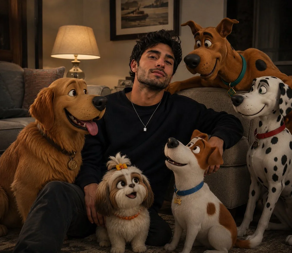 Young man relaxes with animated dogs in a cozy living room