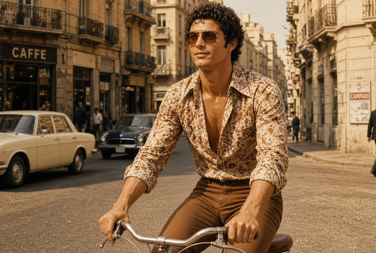 Young man rides vintage bicycle through sunlit European street in 1970s style