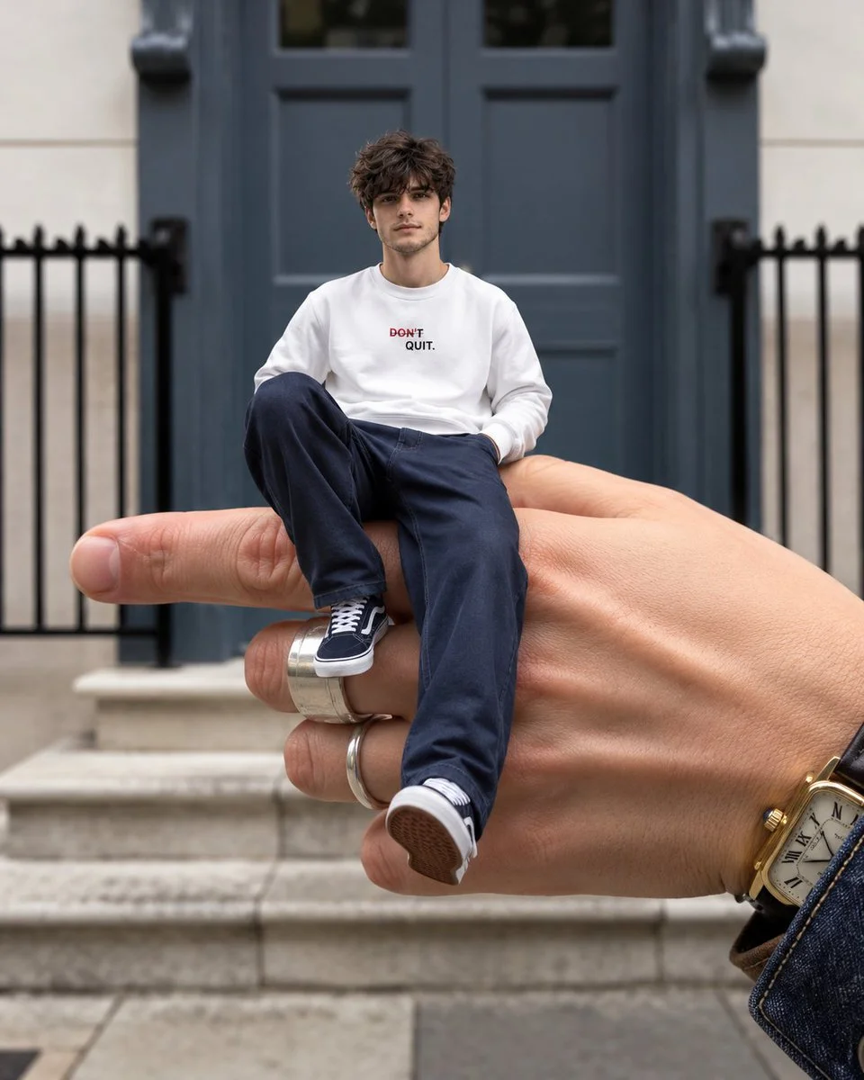 Young man sits on giant hand outside city townhouse
