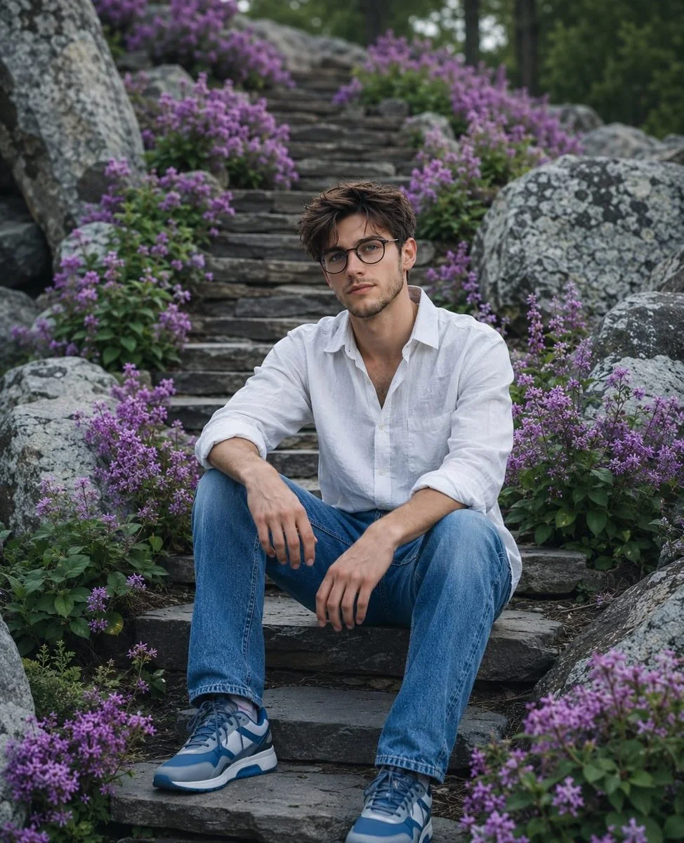 Young man sits on stone steps surrounded by purple wildflowers