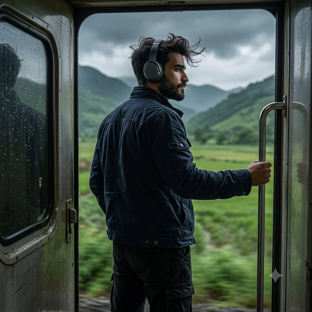 Young man stands at train gate watching rainy mountains