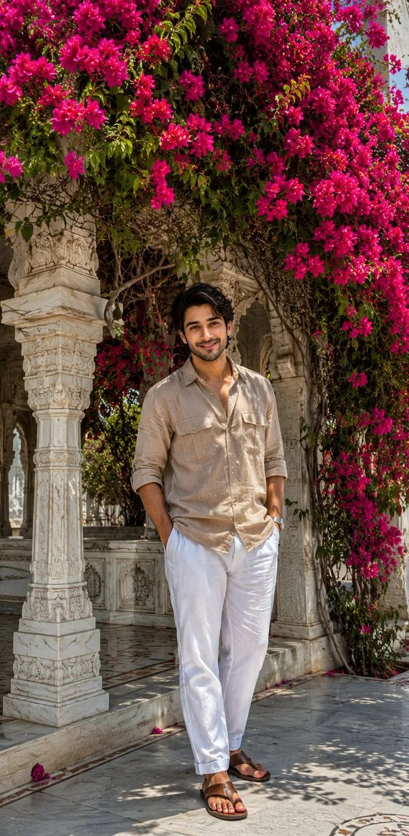 Young man stands beneath marble arch draped in vibrant bougainvillea