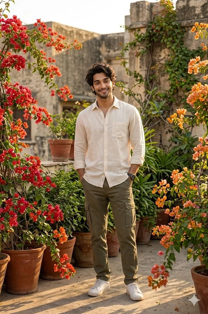 Young man stands on a sunlit rooftop garden surrounded by bougainvillea vines.