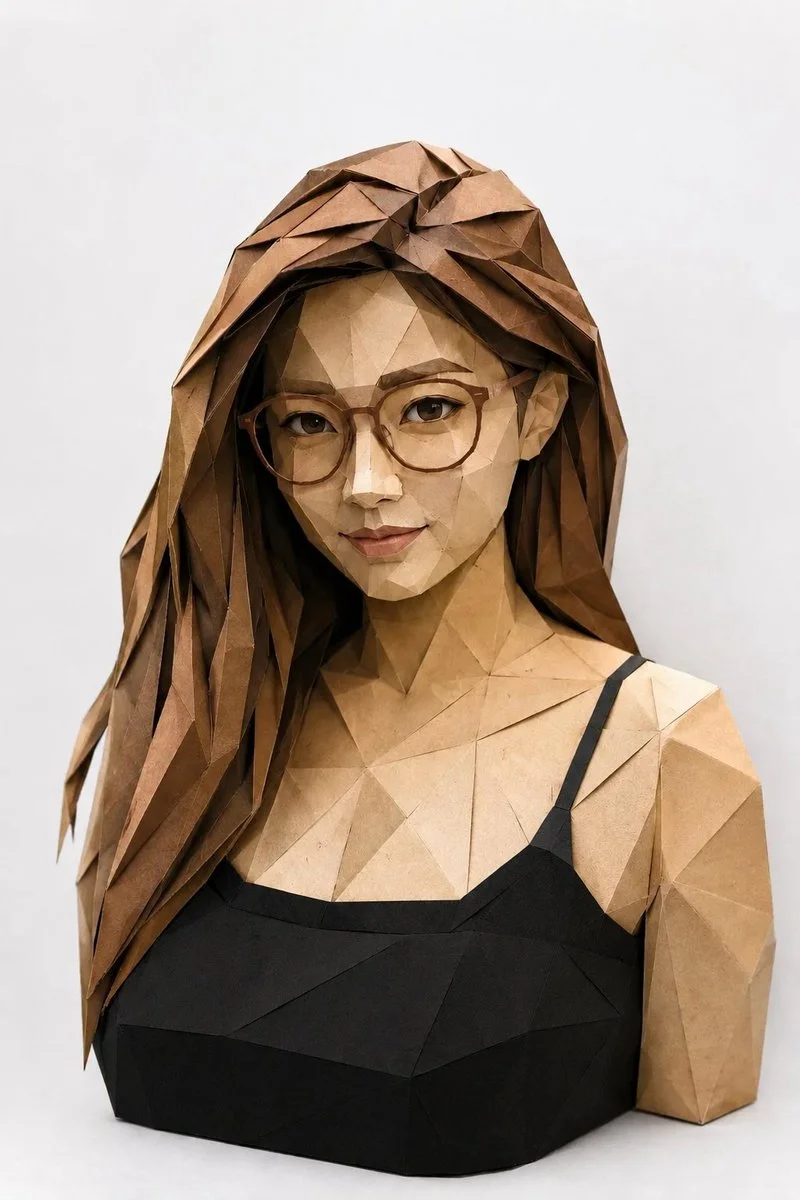 Young man with curly hair wears geometric sunglasses in origami portrait