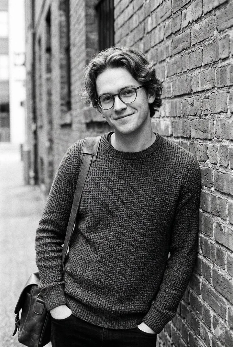 Young man with glasses smiles warmly in a brick alley