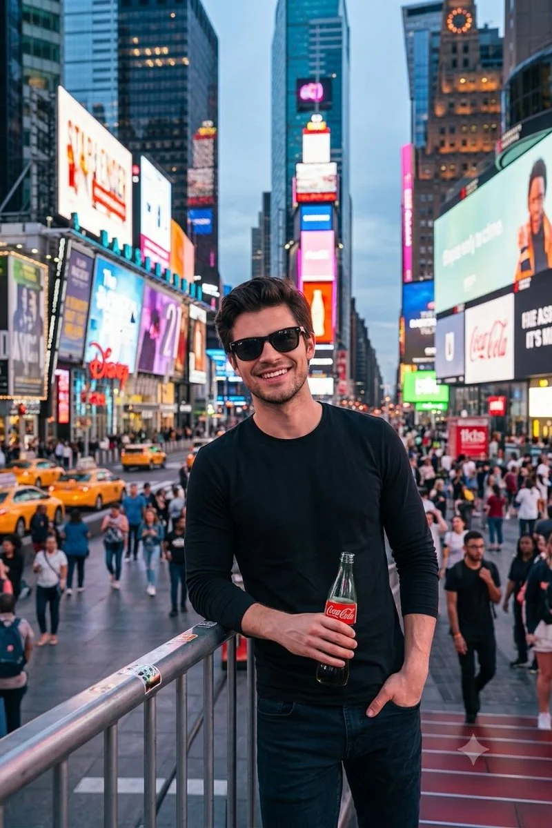Young man with stubble sips Coke in neon-lit Times Square at dusk