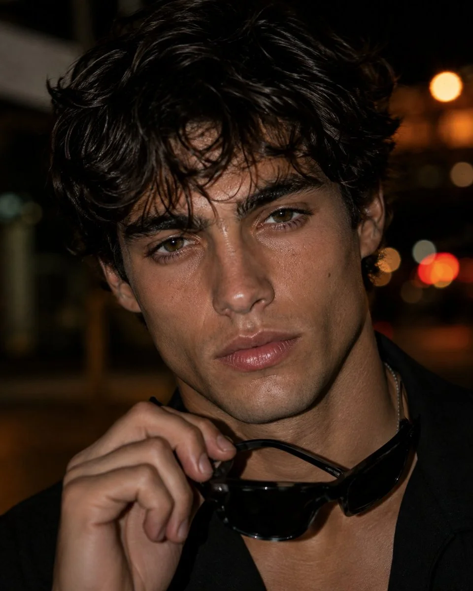 Young man with tousled hair holds sunglasses under warm city bokeh