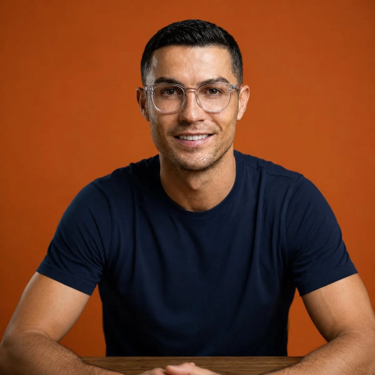 Young man with transparent glasses smiles confidently in orange studio portrait