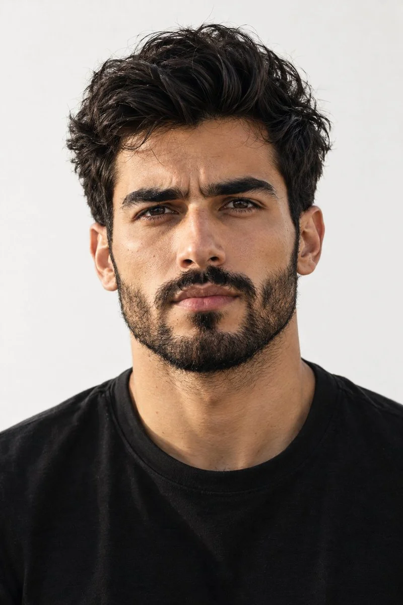 Young man with wavy black hair gazes calmly at camera
