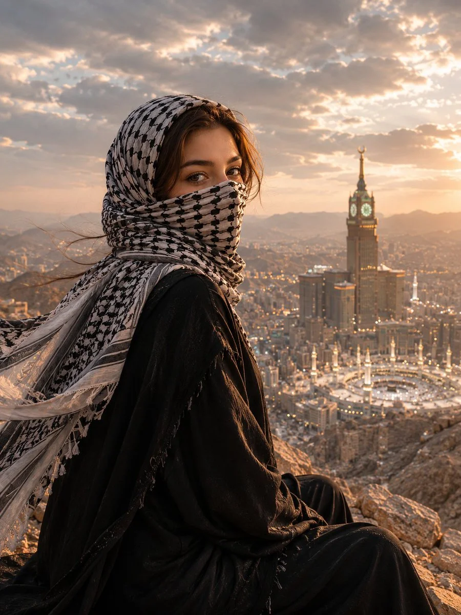 Young Muslim woman in black abaya overlooks Mecca from mountain summit.