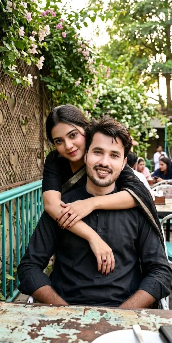 Young Pakistani couple share a joyful smile at a lush garden cafe