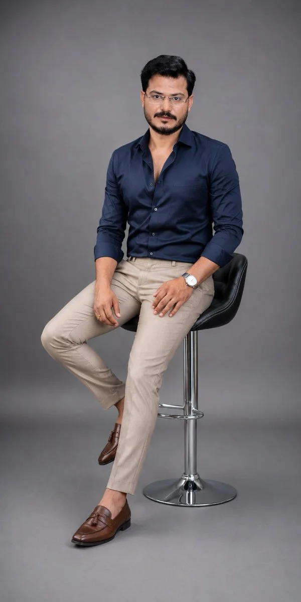 Young professional in cream suit sits with casual elegance