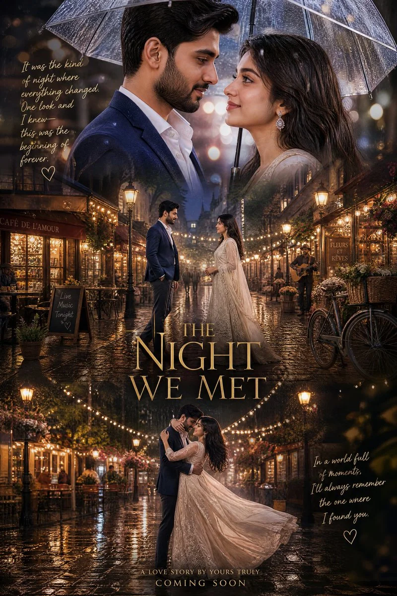 Young South Asian couple shares a tender gaze beneath glowing city lights