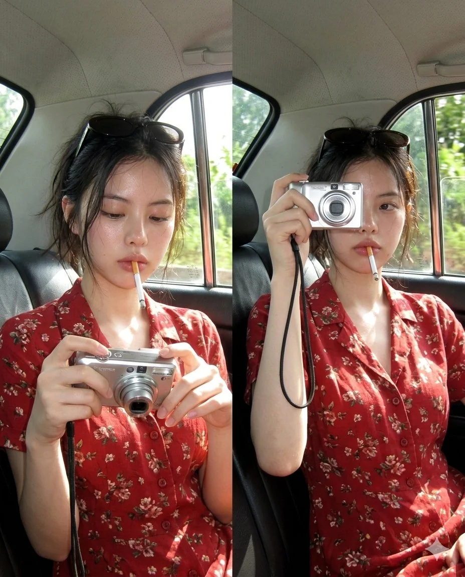 Young woman adjusts camera in sunny car interior with flash