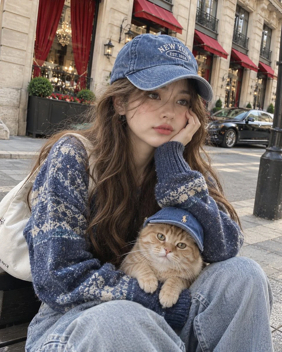 Young woman and matching cat wear blue caps in street selfie
