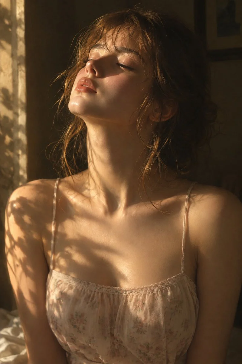 Young Woman Basking in Golden Hour Window Light Portrait