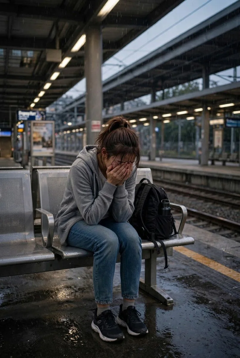Young Woman Cries Alone on Rainy Train Station Platform