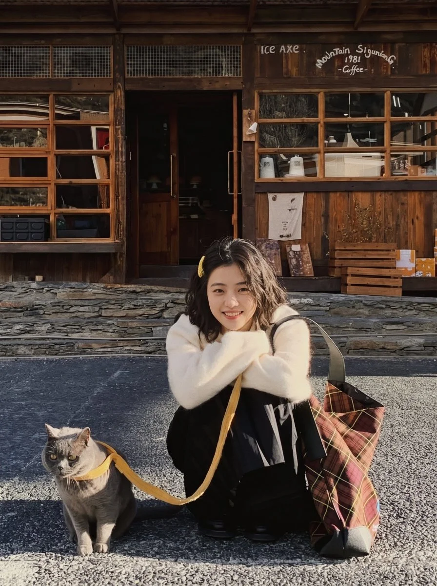 Young Woman Crouches With Gray Cat Outside Mountain Coffee Cabin
