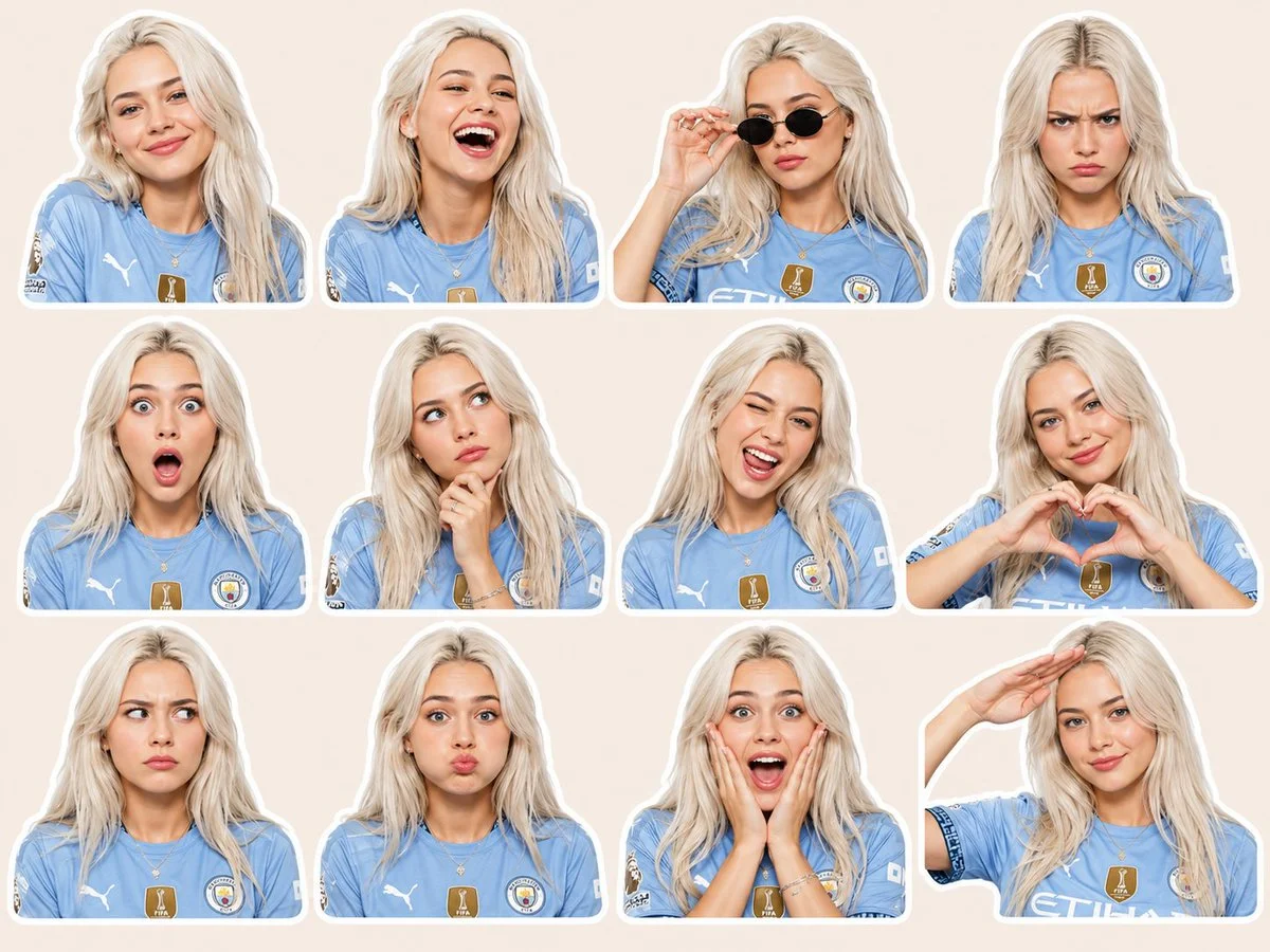 Young woman displays 12 lively expressions in football jerseys
