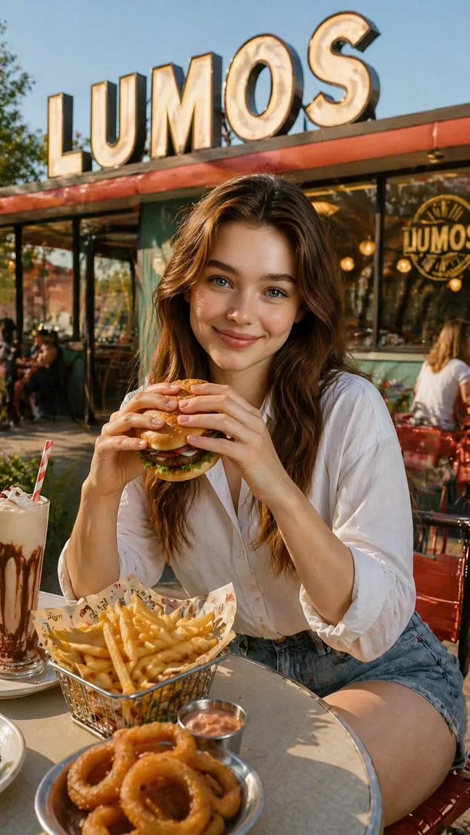 Young woman enjoys a juicy hamburger at LUMOS restaurant