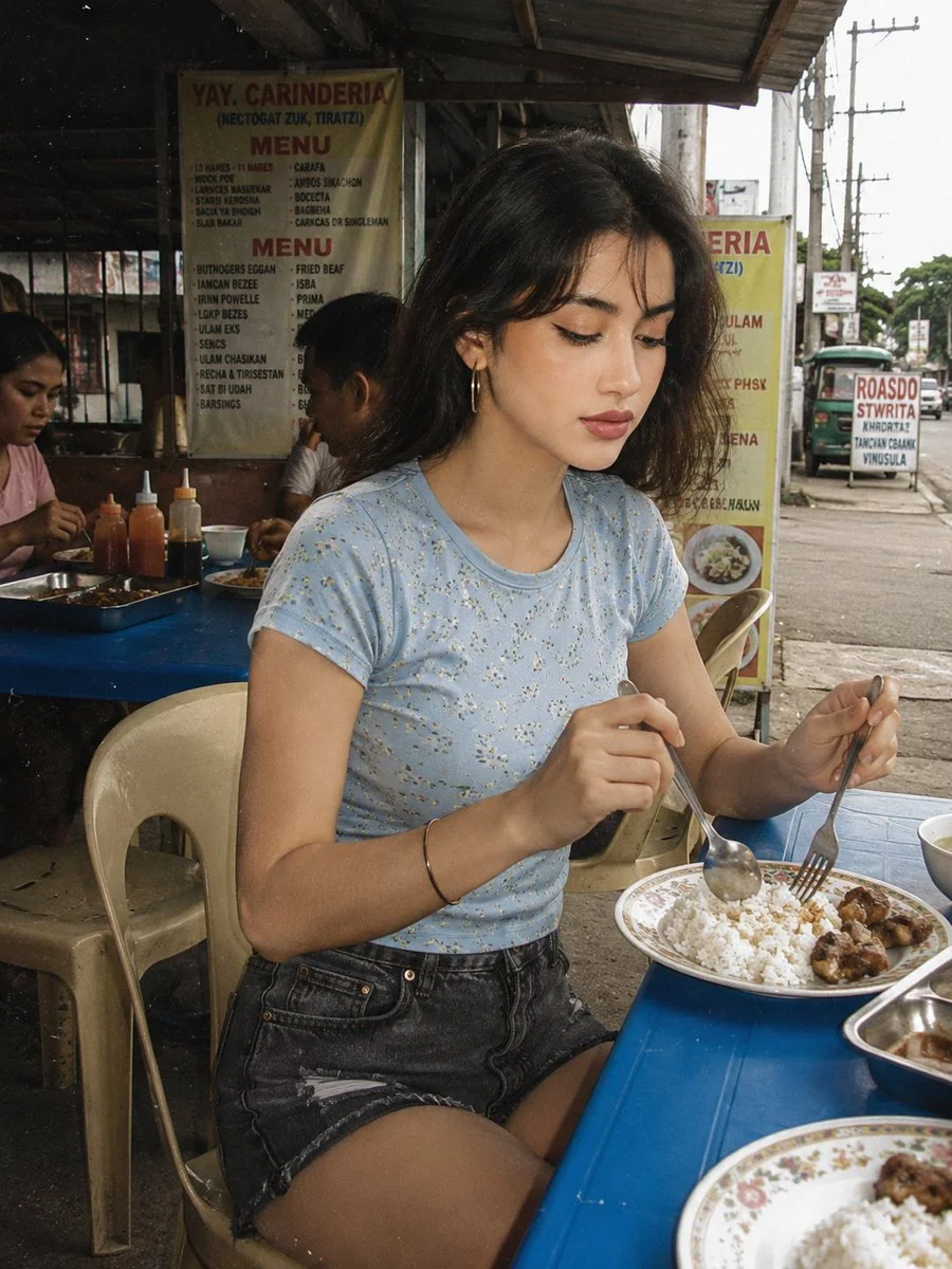 Young woman enjoys a quiet meal at a bustling roadside diner