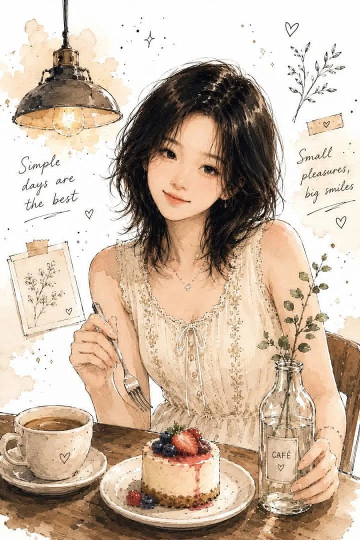 Young woman enjoys cheesecake in warm café watercolor sketch