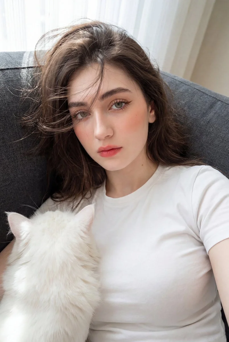 Young woman gently kisses fluffy white cat on sofa