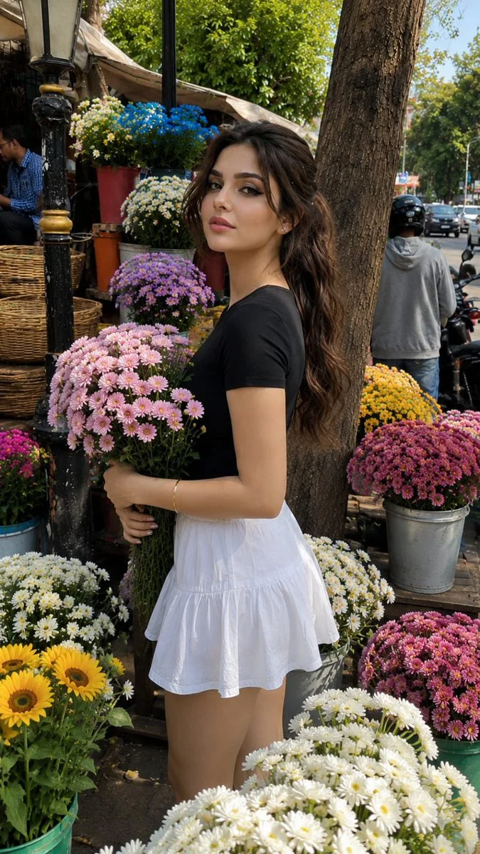 Young woman holds purple daisies in sunny flower market