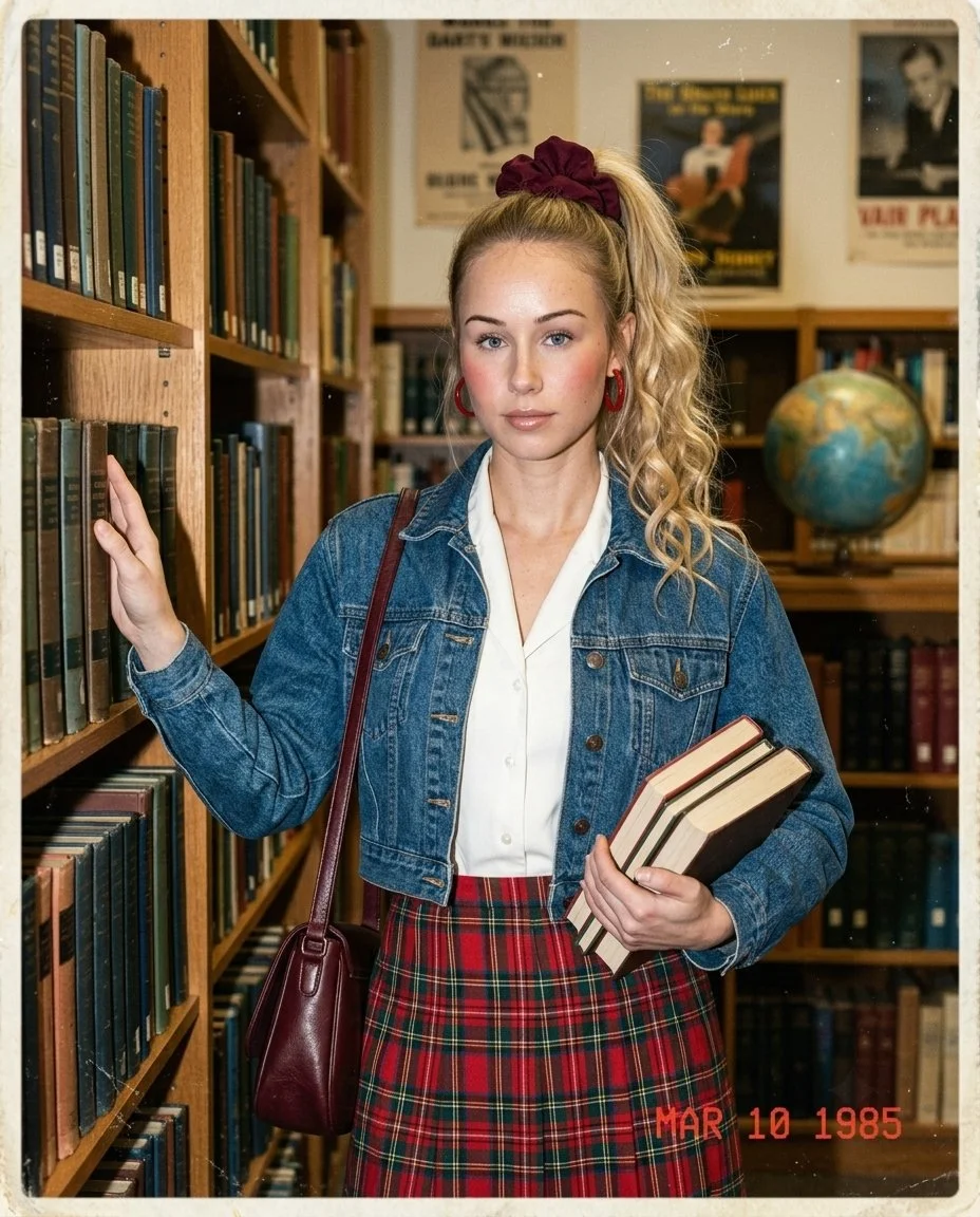 Young woman in 1985 library wears plaid skirt and denim jacket
