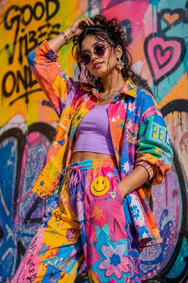 Young woman in a patchwork jacket poses by a colorful graffiti wall