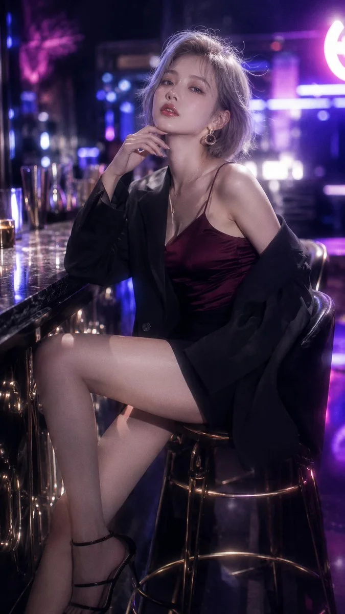 Young woman in bar neon light turns back with cold gaze