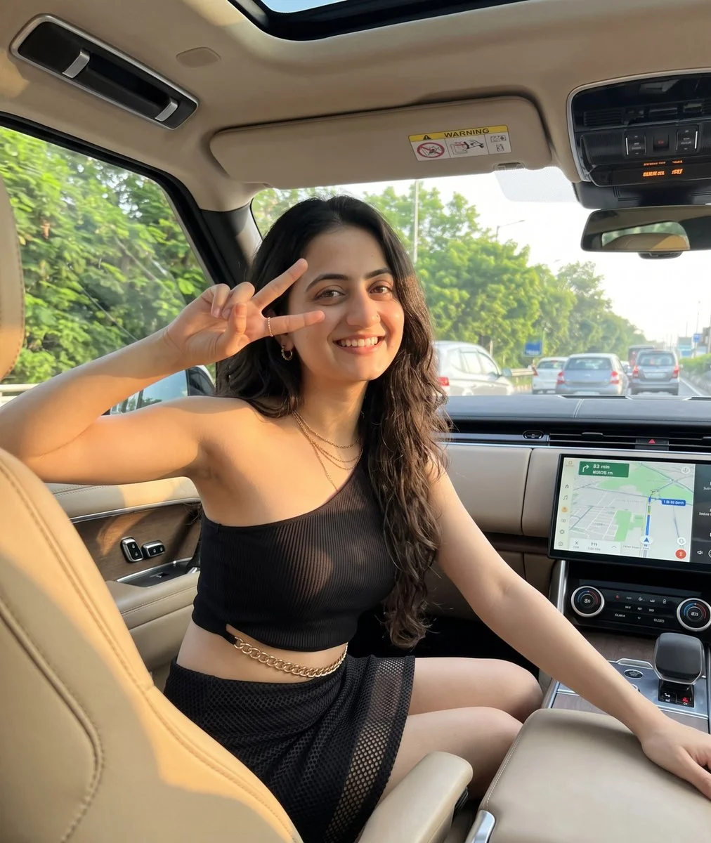 Young woman in black crop top flashes peace sign in luxury SUV