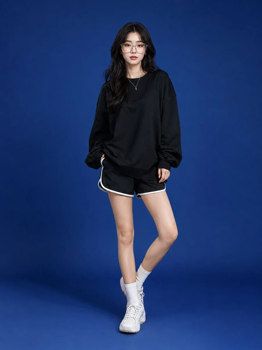 Young woman in black sweatshirt poses against royal-blue backdrop