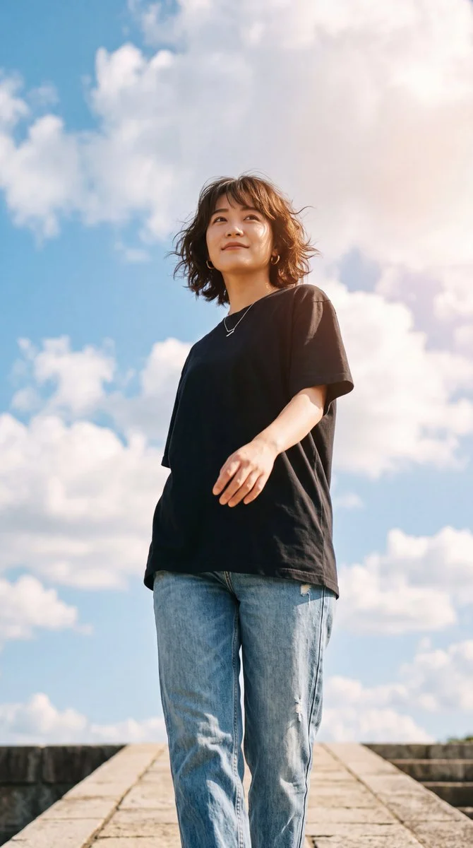 Young woman in black tee gazes upward against bright blue sky
