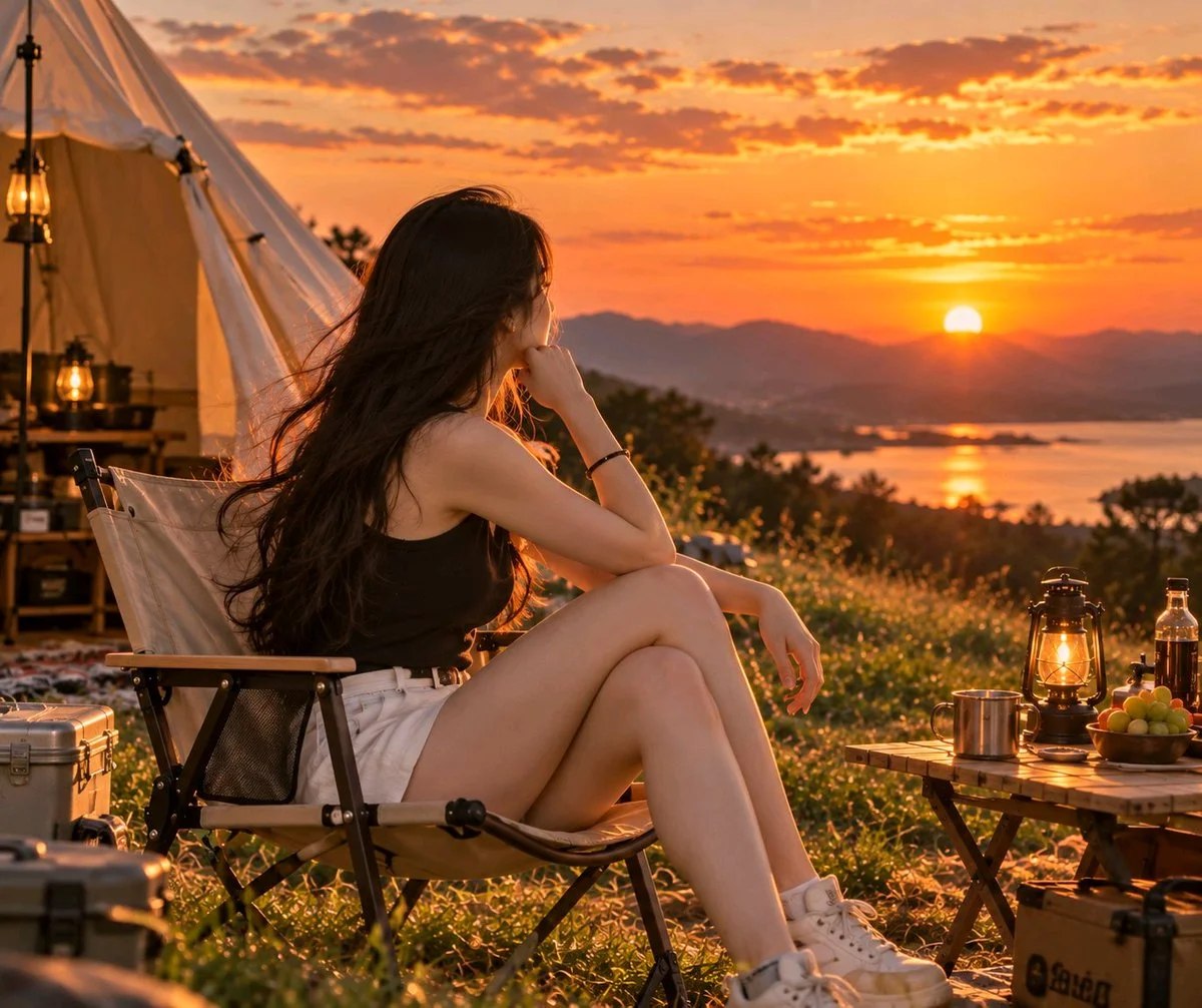 Young woman in black top watches sunset at campsite